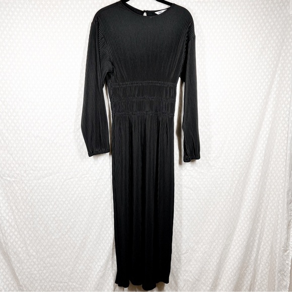Zara Black Pleated Cinch Waist Long Sleeve Maxi Dress - Picture 1 of 6